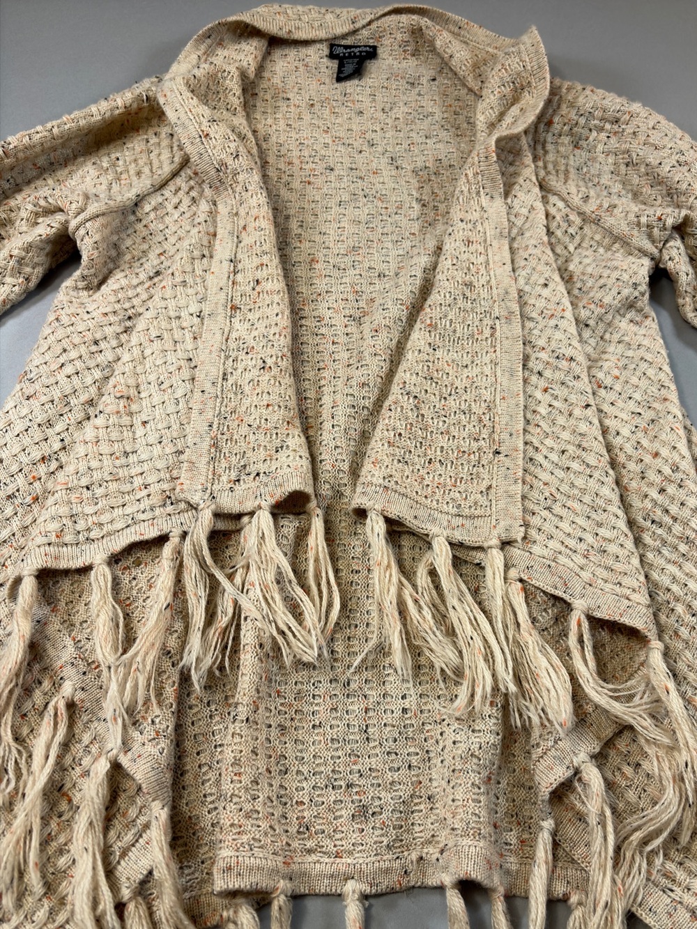 Wrangler Retro Cream Knit Waterfall Front Fringe Cardigan Sweater Poncho Wrap
